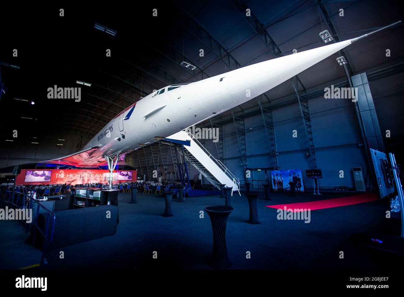 Concorde bei einem Firmenevent im Kleiderbügel am Flughafen von Manchester. Stockfoto