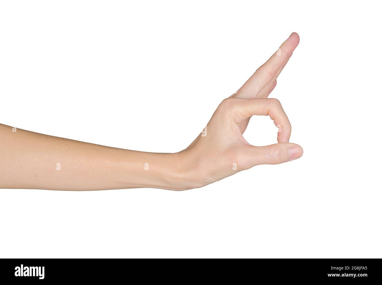 Nahaufnahme der weiblichen Hand einverstanden oder ok. Isoliert auf weißem Hintergrund. Stockfoto