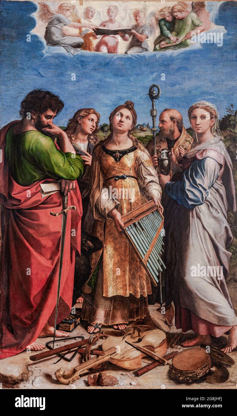 Raphael, der Altar der heiligen Cecilia, 1514, Öl von der Tafel auf die Leinwand übertragen, Nationale Gemäldegalerie, Bologna, Italien. Stockfoto