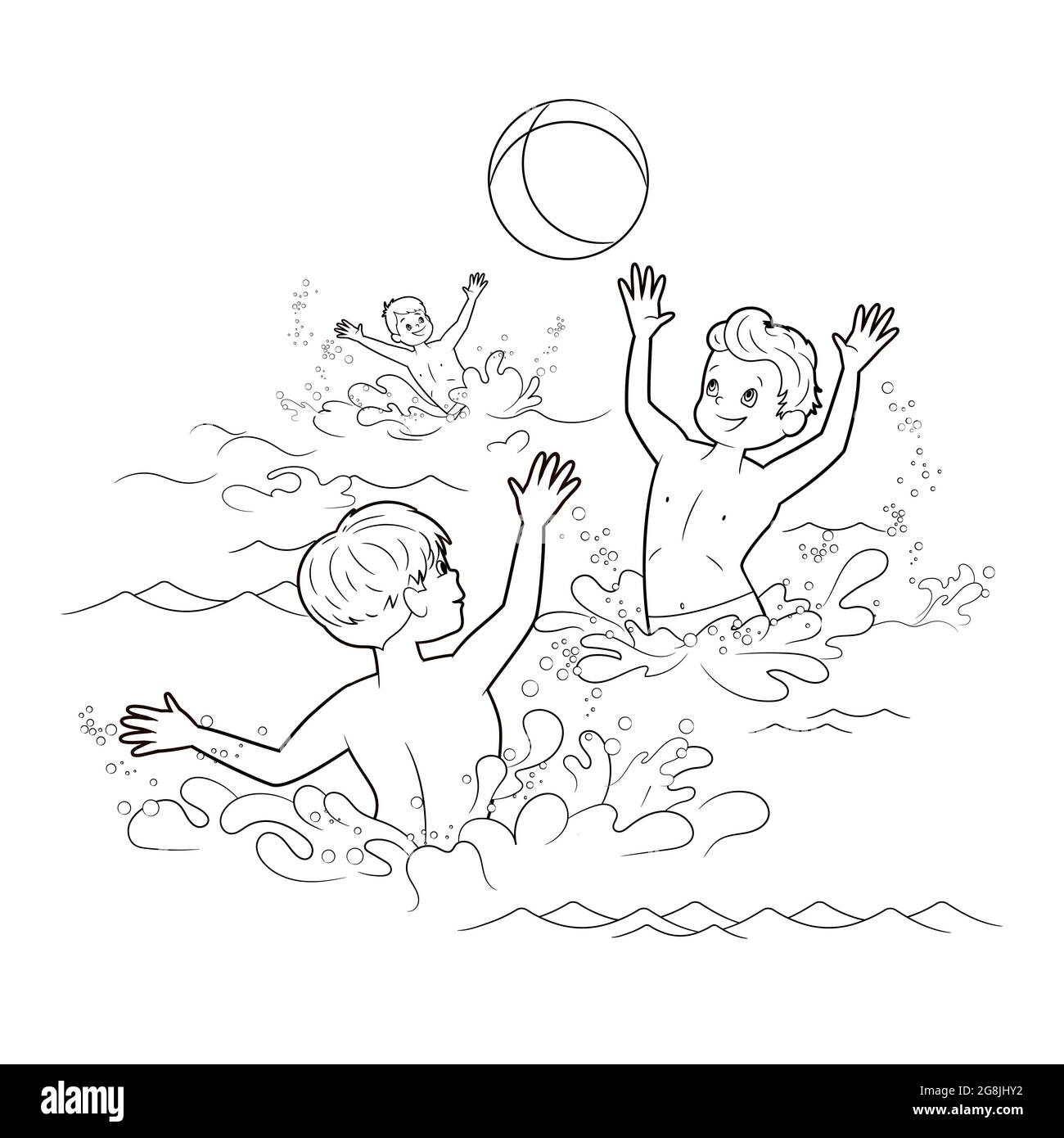 Malbuch: Drei Jungen spielen mit einem Ball in einem Teich. Sommer-Illustration zum Thema Strand und Meer, Fluss. Vektorgrafik Stock Vektor