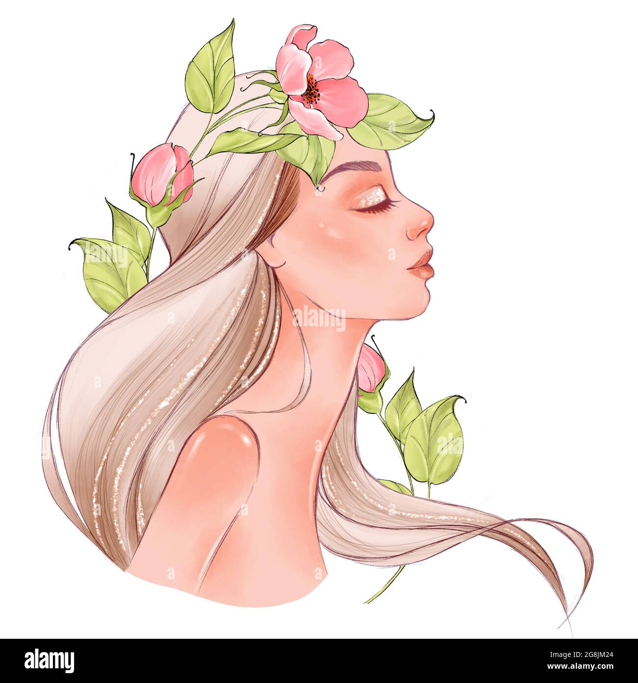 Mädchen mit Blumen auf dem Kopf. Schöne junge Frau mit langen Haaren Stockfotografie