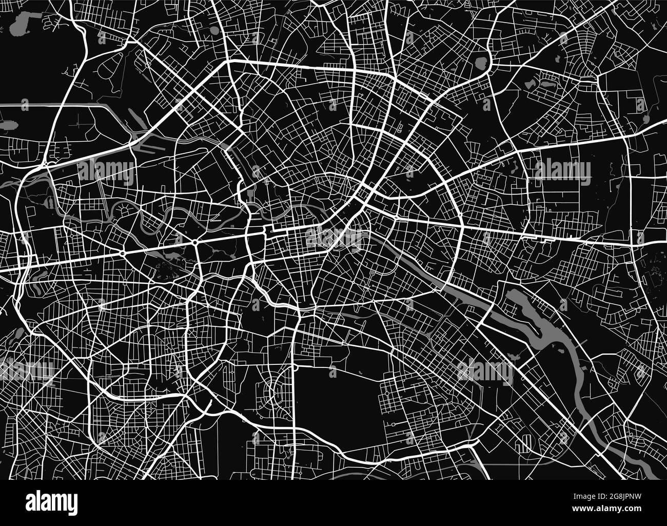Stadtplan von Berlin. Vektorgrafik, Berlin Karte Graustufen Kunstposter. Straßenkarte mit Straßen, Ansicht der Metropolregion. Stock Vektor