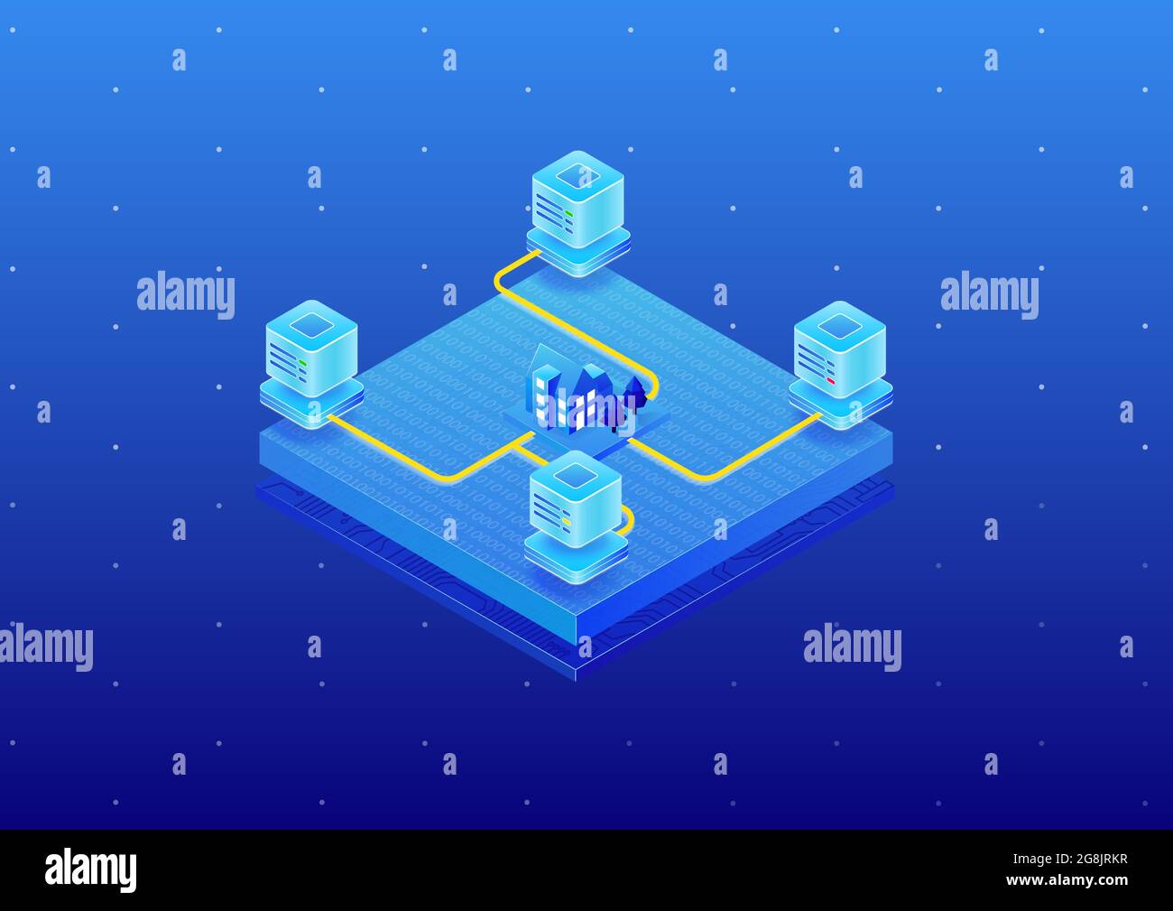 Konzept eines automatisierten Smart Home, das mit Cloud-Rechenzentren verbunden ist. Isometrische 3D-Vektordarstellung. Ein Haus, das mit der Serverfarm kommuniziert Stock Vektor