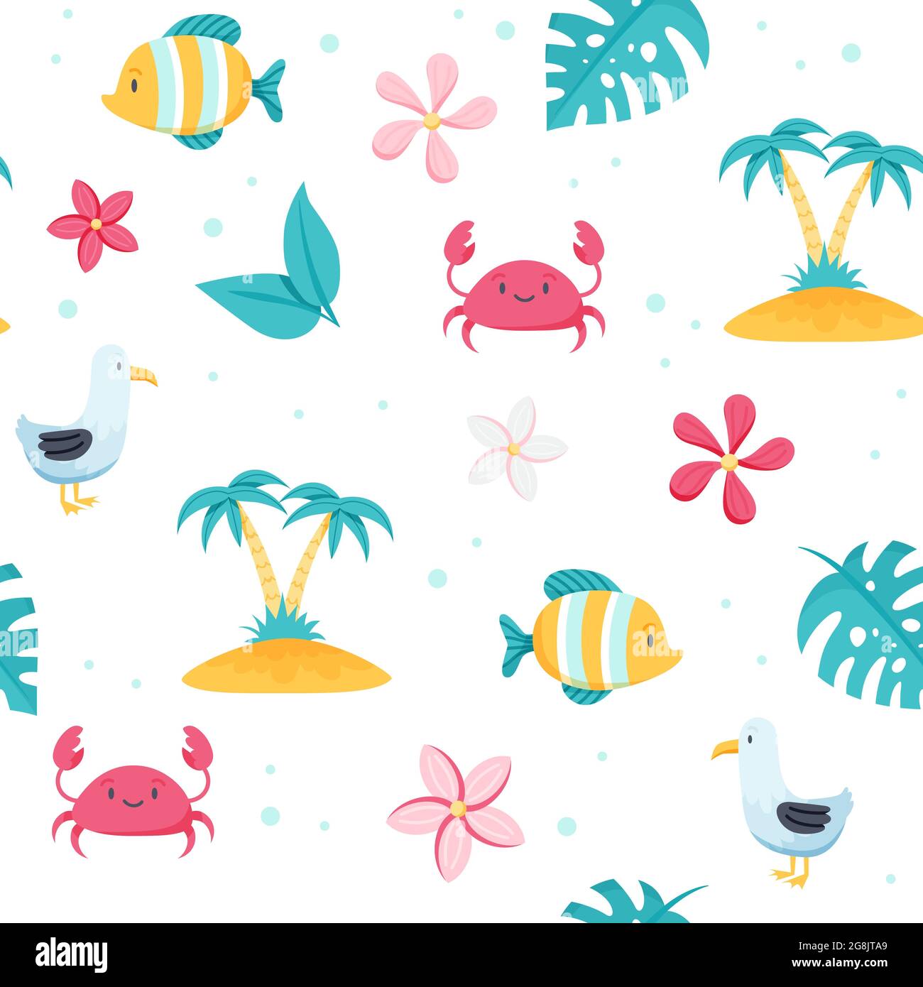 Sommer Meeresmuster. Niedliche Fische, Möwen, Krabben, Palmen. Handgezeichnete flache Cartoon-Elemente. Illustration Stockfoto