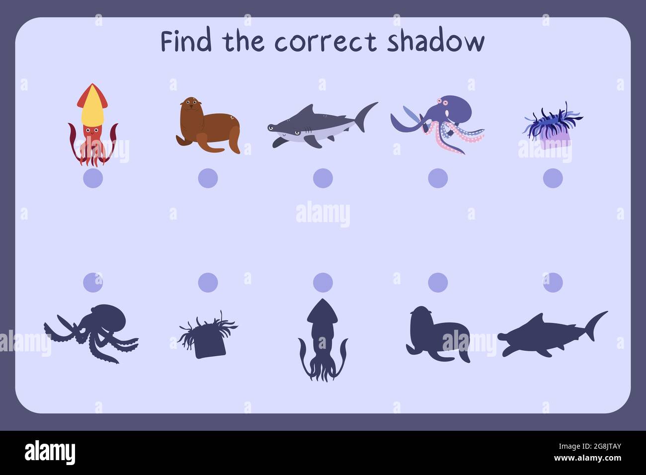 Passende Kinder Lernspiel mit Meerestieren - Tintenfisch, Pelzrobbe, Hai, Oktopus. Finden Sie den richtigen Schatten. Vektorgrafik. Stock Vektor