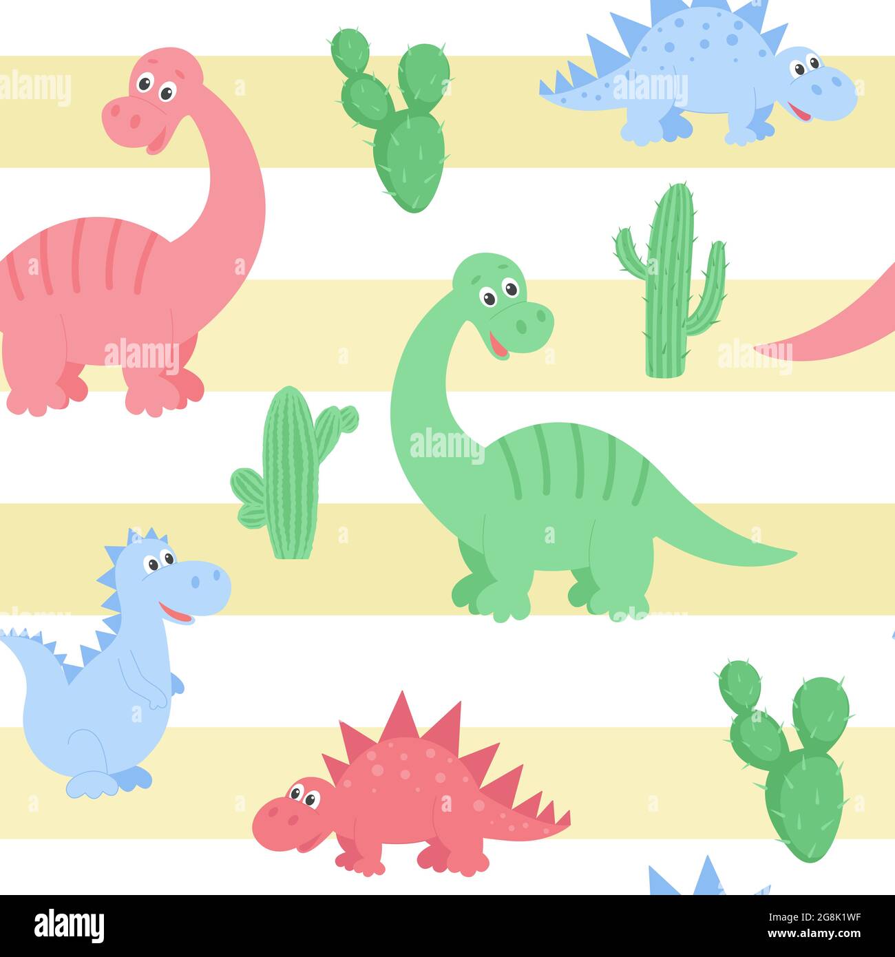 Dinosaurier-Muster mit Kakteen auf dem Hintergrund von Sandstreifen, Vektorgrafik. Hintergrund mit niedlichen Dino für Kinder Tapete, Verpackung, fabri Stock Vektor