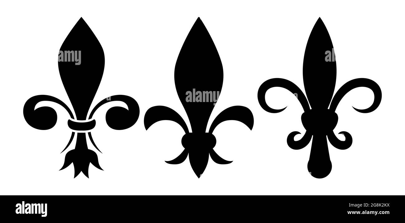 Vektorset mit heraldischen Symbolen. Drei einzigartige schwarze Silhouetten aus Lilienblumen. Schlichtes elegantes Fleur-de-LIS-Symbol auf weißem Hintergrund. Stock Vektor