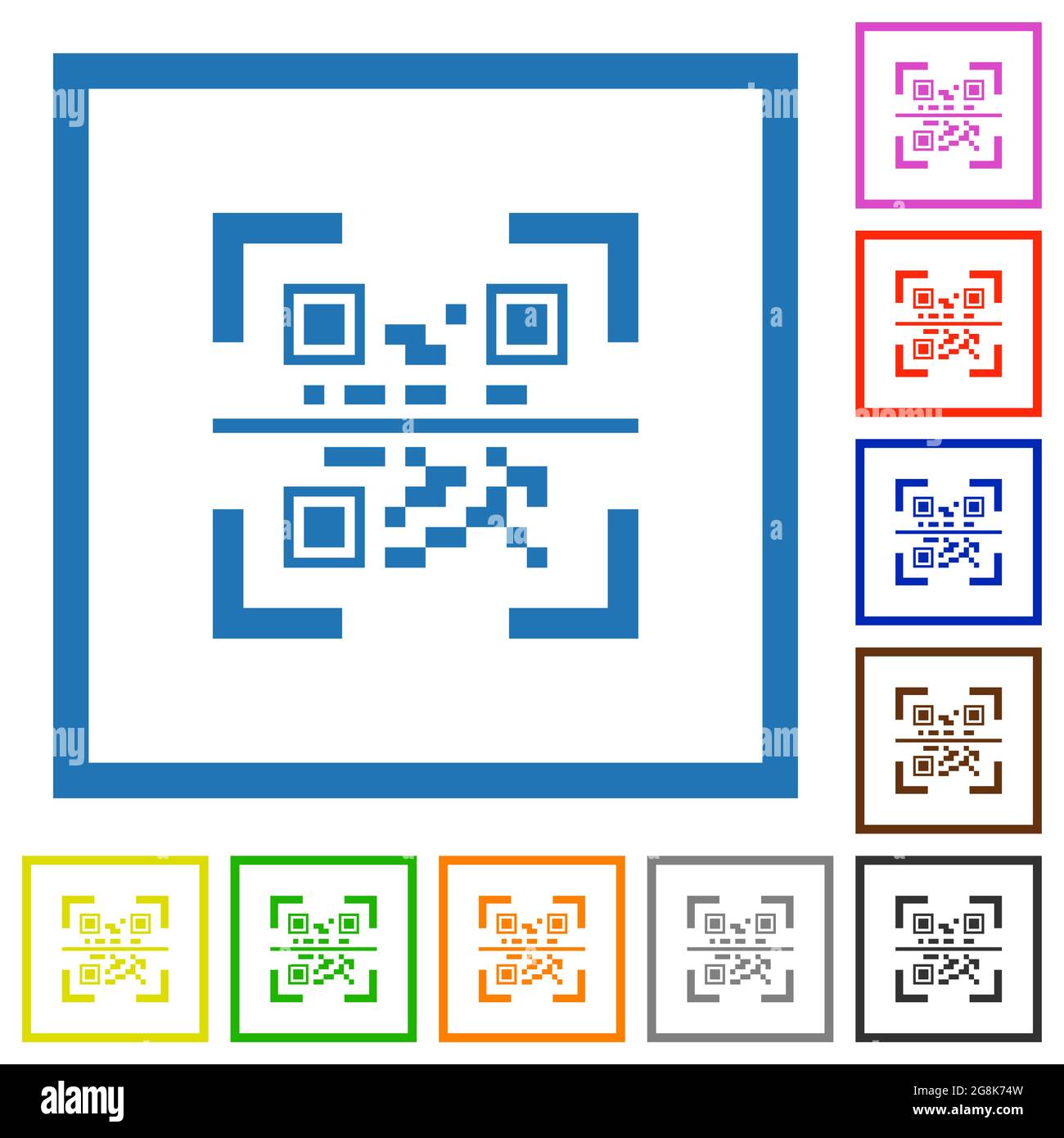 QR-Code scannt flache Farbsymbole in quadratischen Rahmen auf weißem Hintergrund Stock Vektor