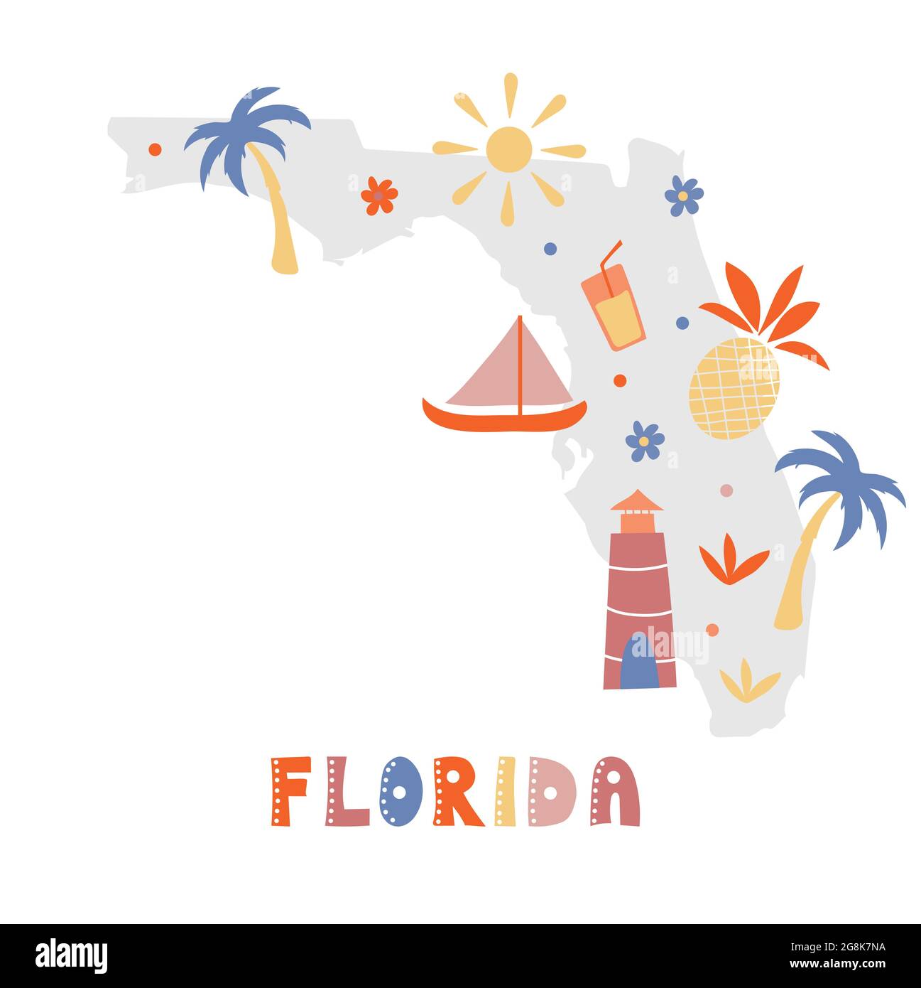 USA-Kartensammlung. Staat Symbole und Natur auf grauen Zustand Silhouette - Florida. Cartoon-Stil für den Druck Stock Vektor
