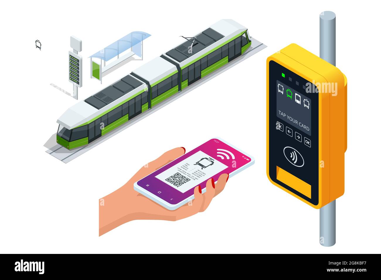 Isometrische Stadtbahn mit elektronischer Fahrkartenvalidierung. Frau, die mit dem Smartphone für den öffentlichen Verkehr in der Straßenbahn ohne Konzetsmittel bezahlt Stock Vektor