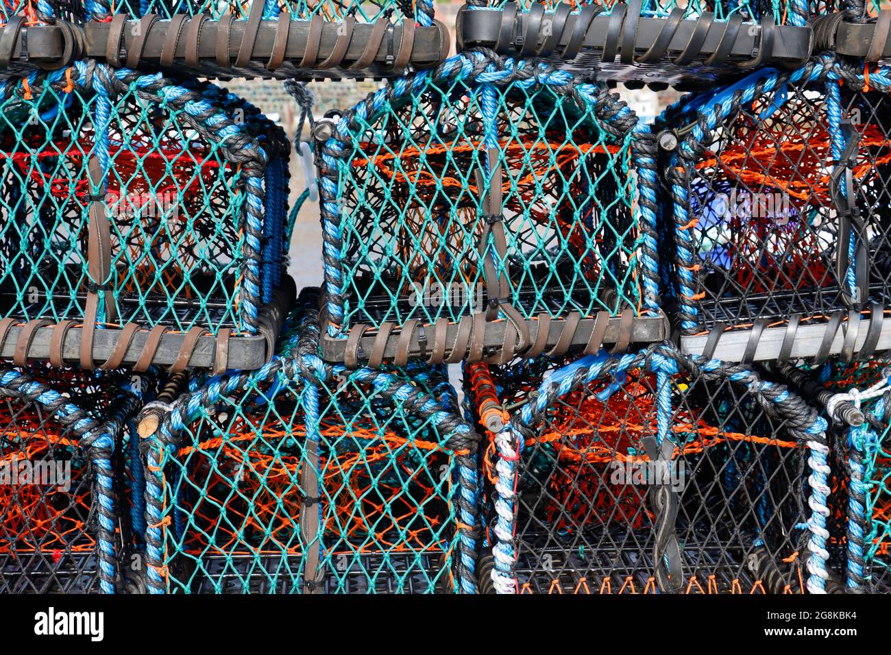 Nahaufnahme von Hummertöpfen in Whitby Harbour Stockfoto