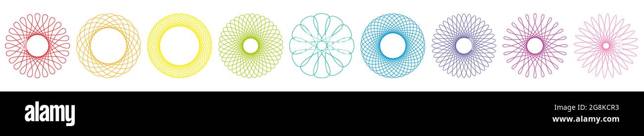 Spirograph Grafik Blumen, bunte verschiedene geometrische kreisförmige Muster - Illustration auf weißem Hintergrund. Stockfoto