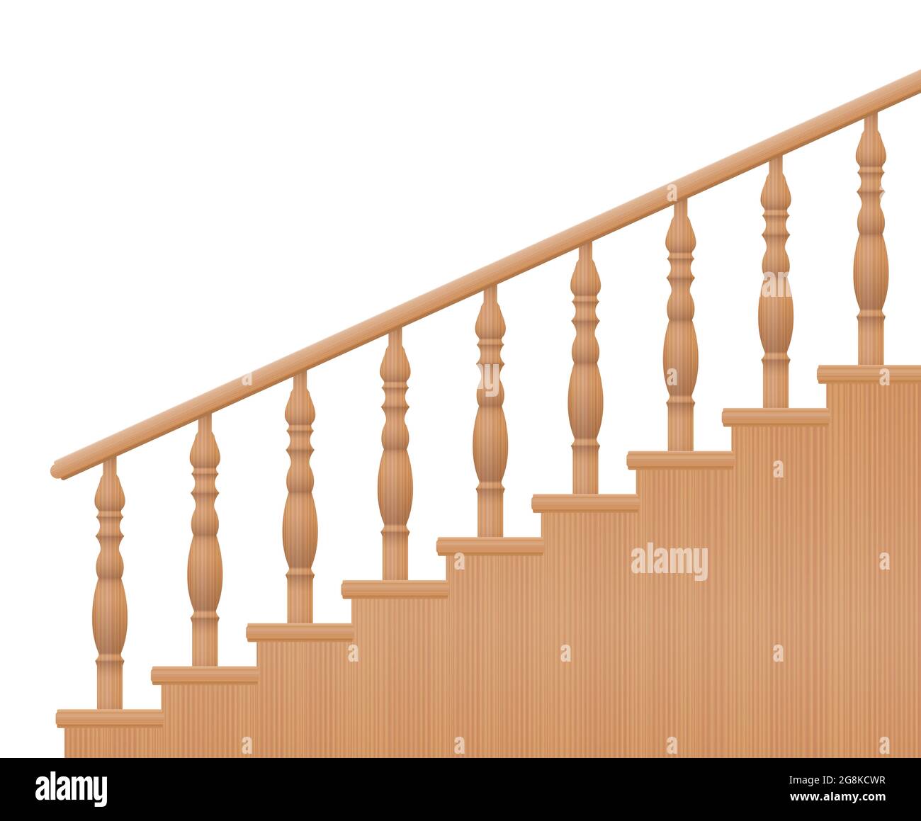 Holzgeländer, gedrehtes Treppengeländer, Seitenansicht - Abbildung auf weißem Hintergrund. Stockfoto