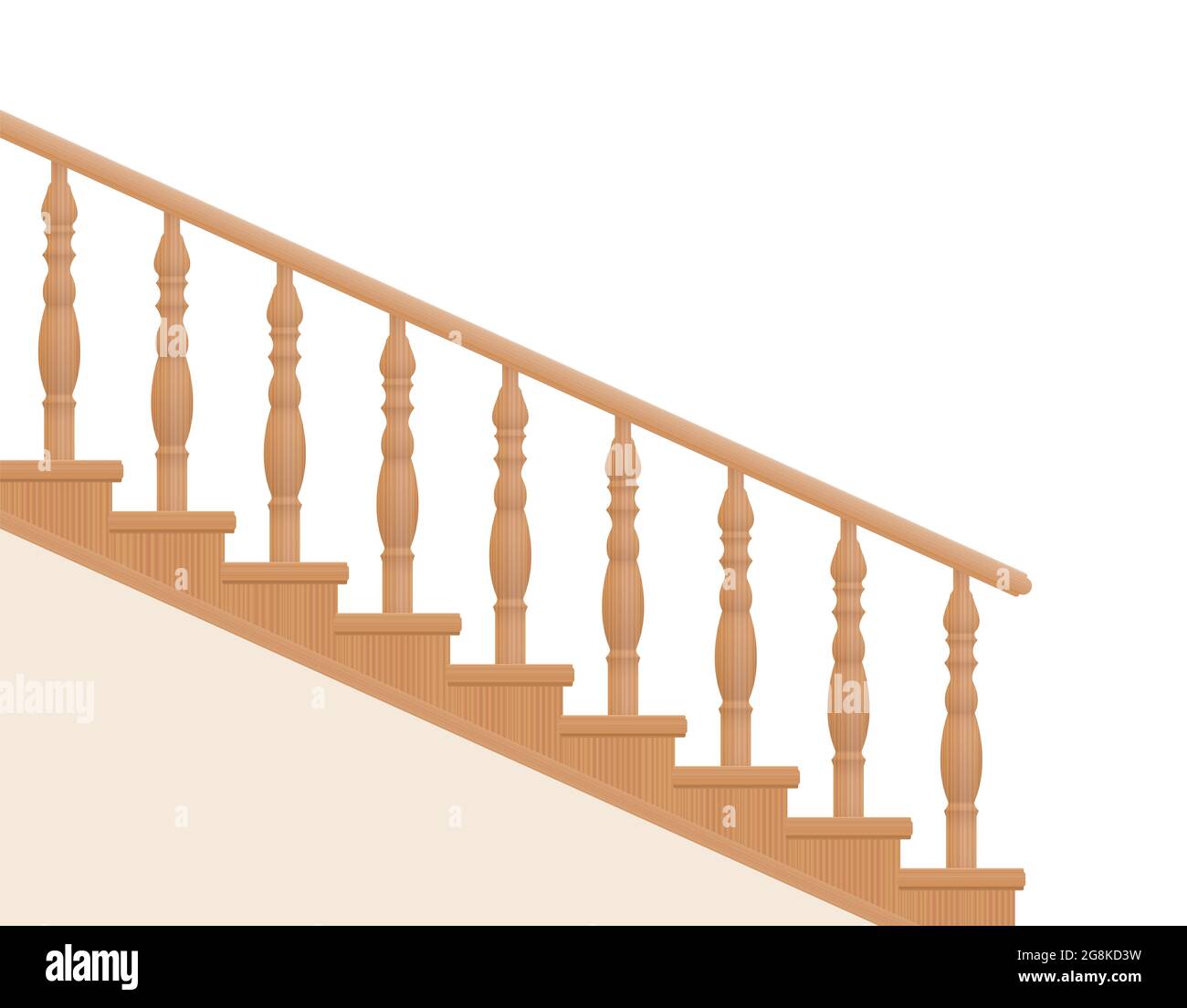Treppengeländer aus Holz, gedrehte Geländer, Seitenansicht - Abbildung auf weißem Hintergrund. Stockfoto