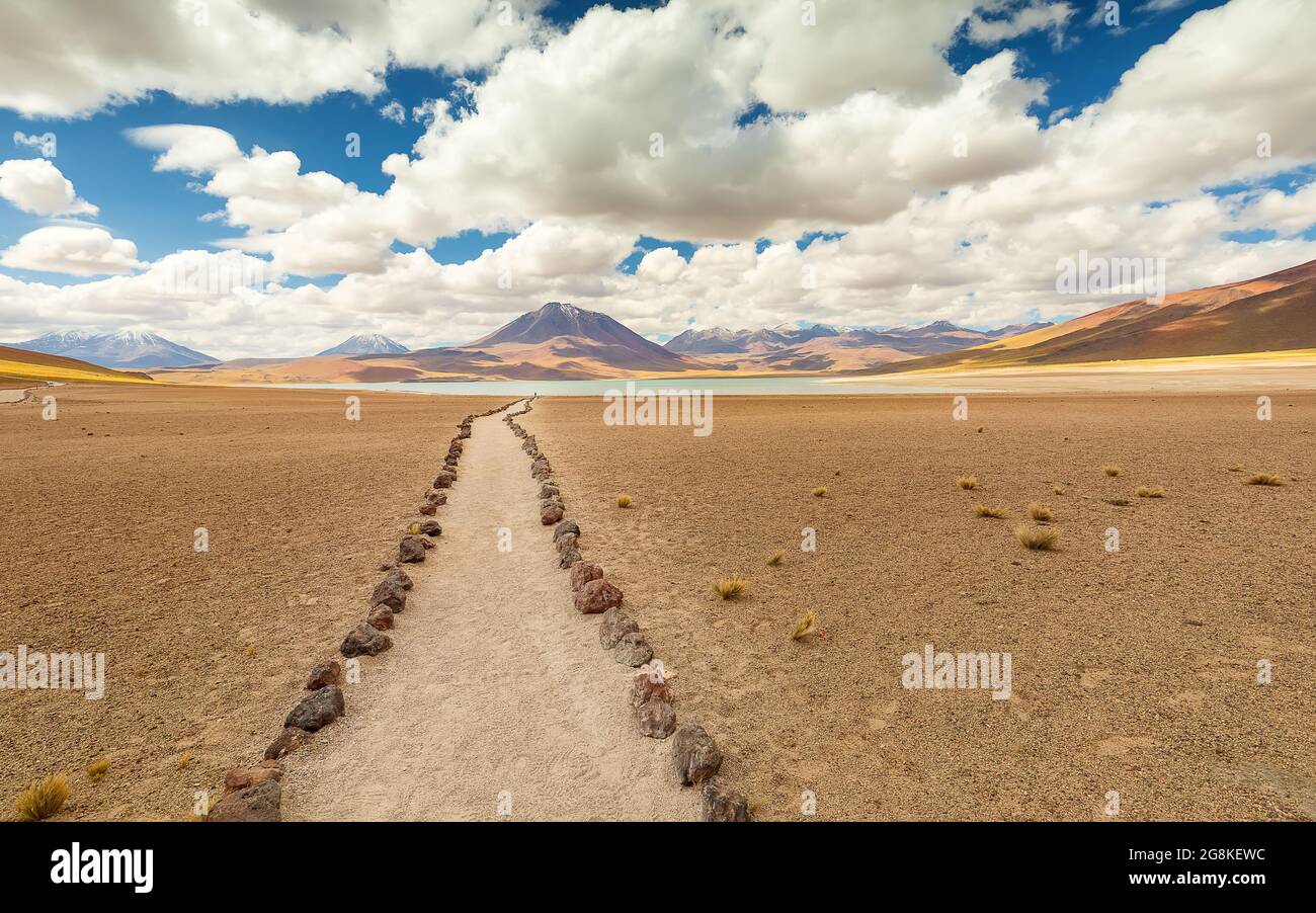 Ein Touristenpfad und Vulkan in der Atacama Wüste in der Nähe des Sees Miscanti in Chile, Südamerika Stockfoto