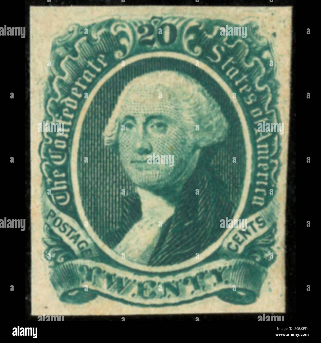 Konföderierte Briefmarken, 20 Cent grün, allgemeine Ausgabe 1863, Typ 13. Briefmarke zeigt George Washington gedruckt in grün. Postdienst der Konföderierten Staaten von Amerika. Richmond, Va Stockfoto