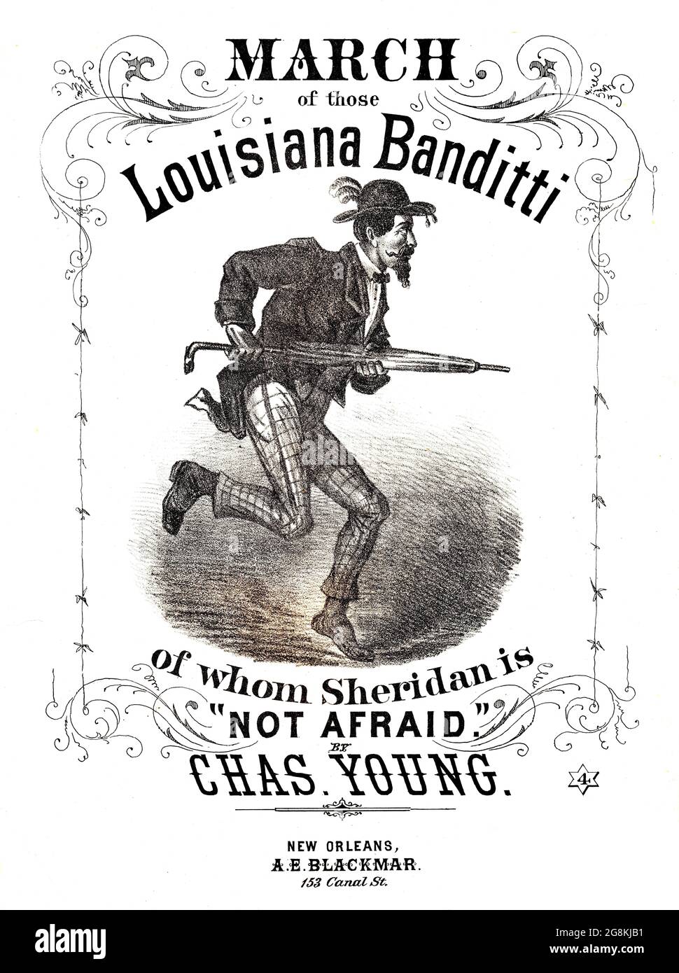 Marsch des Louisiana Banditti, vor dem Sheridan keine Angst hat, 1875 Notenblätter mit Lithographie eines nördlichen Carpetbaggers während des Wiederaufbaus Stockfoto
