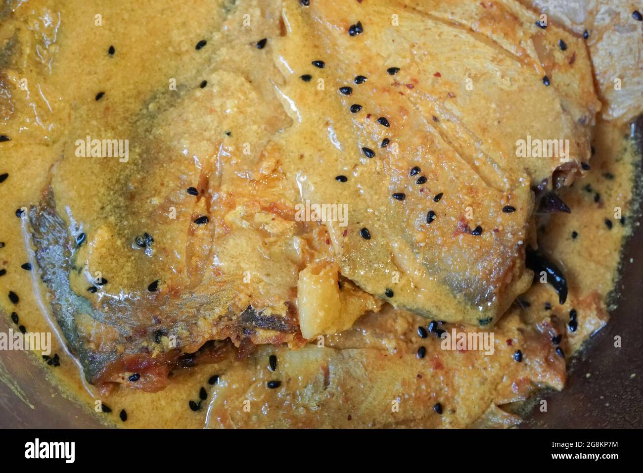 Butterfische fisch Stücke auf Platte, scharfe indische Gericht. Beliebt bei den Bengalen und Südasien für seinen Geschmack. Stockfoto