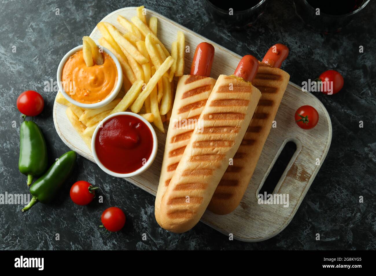 Konzept von schmackhaftem Essen mit französischem Hot Dog Stockfoto