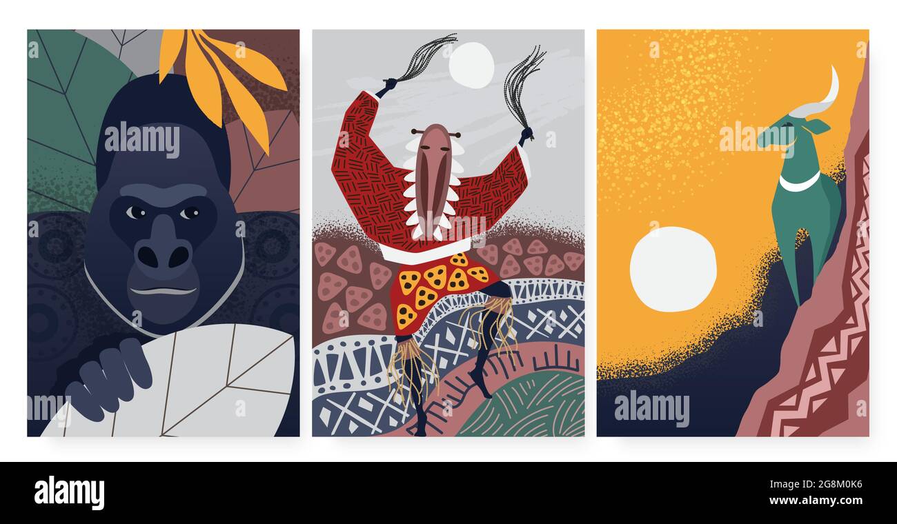 Kultur Symbole aus Afrika, Tribal ethnischen dekorativen Muster, Wand Kunst Dekor Vektor Illustration. Cartoon tanzen aborigine Schamane auf Zeremonie, Gorilla, Antilope Kudu Tiere in afrikanischen Tapeten-Set Stock Vektor