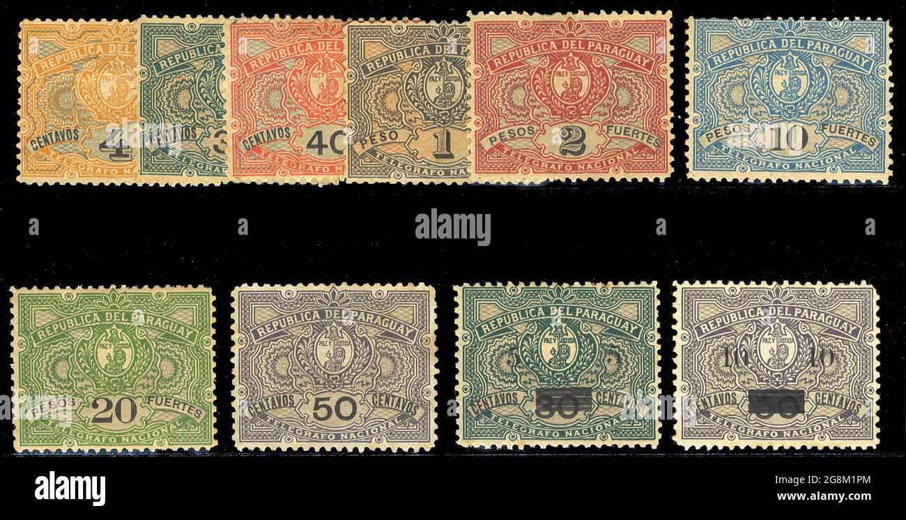 Porto- und Telegraphenmarken von Paraguay. Die beiden unten rechts sind Telegrafenstempeln, die für die Postnutzung im Jahr 1900 überdruckt sind, die anderen sind ausschließlich für die Telegrafenverwendung. Zwischen 1892 und 1902 Stockfoto