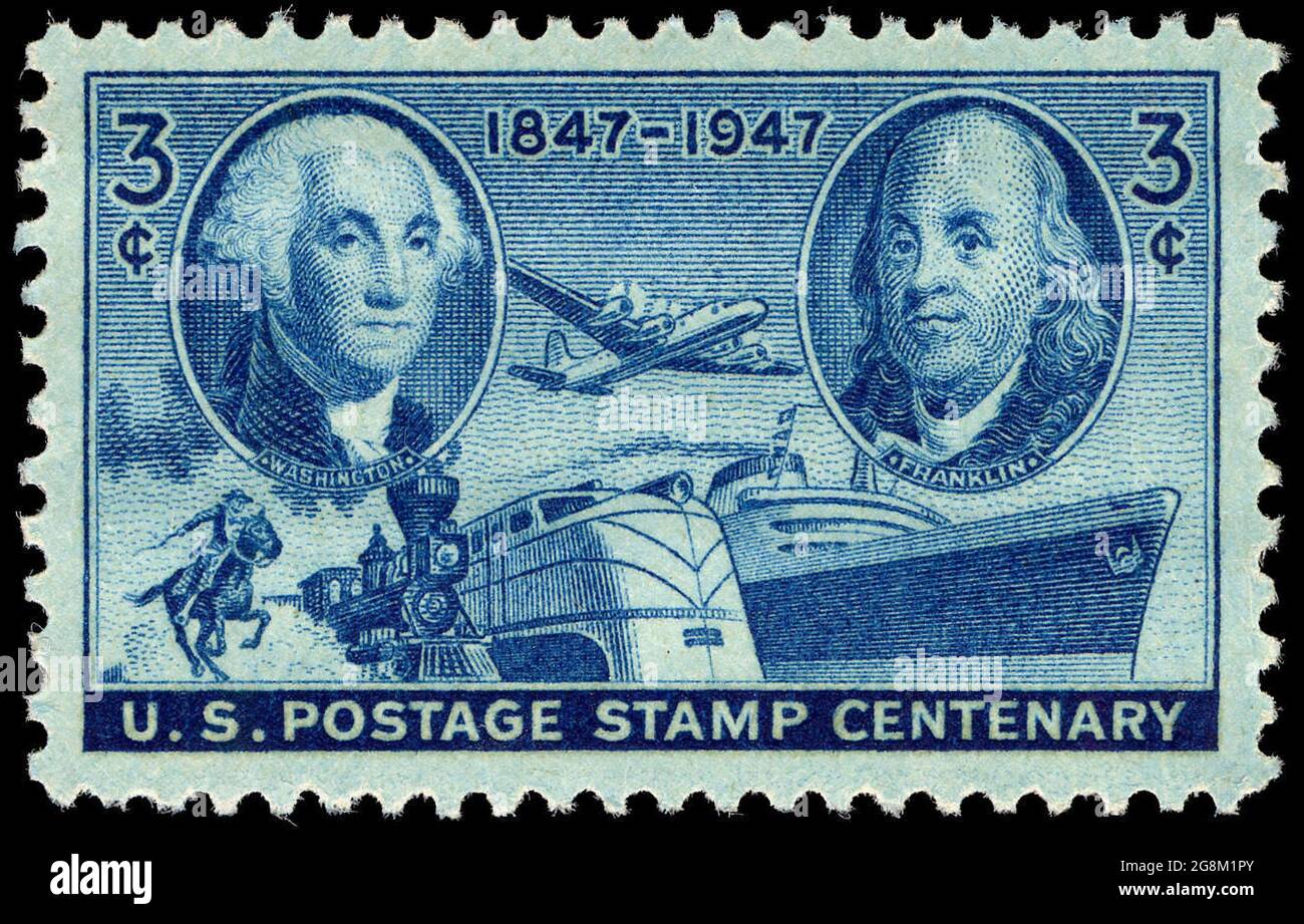 Briefmarke Centenary 3-Cent 1947 Ausgabe US-Briefmarke zum 100. Jahrestag der ersten US-Briefmarken. Links und rechts sind Porträts von George Washington und Benjamin Franklin zu sehen. Es handelt sich um dieselben Porträts, die auch in der ersten Briefmarkenausgabe von 1847 verwendet wurden. Stockfoto