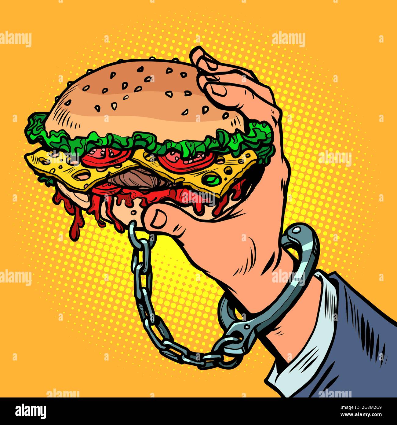 Fast-Food-sucht. Der Burger ist mit Handschellen an die Männerhand gefesselt. Street Food und Restaurants Stock Vektor