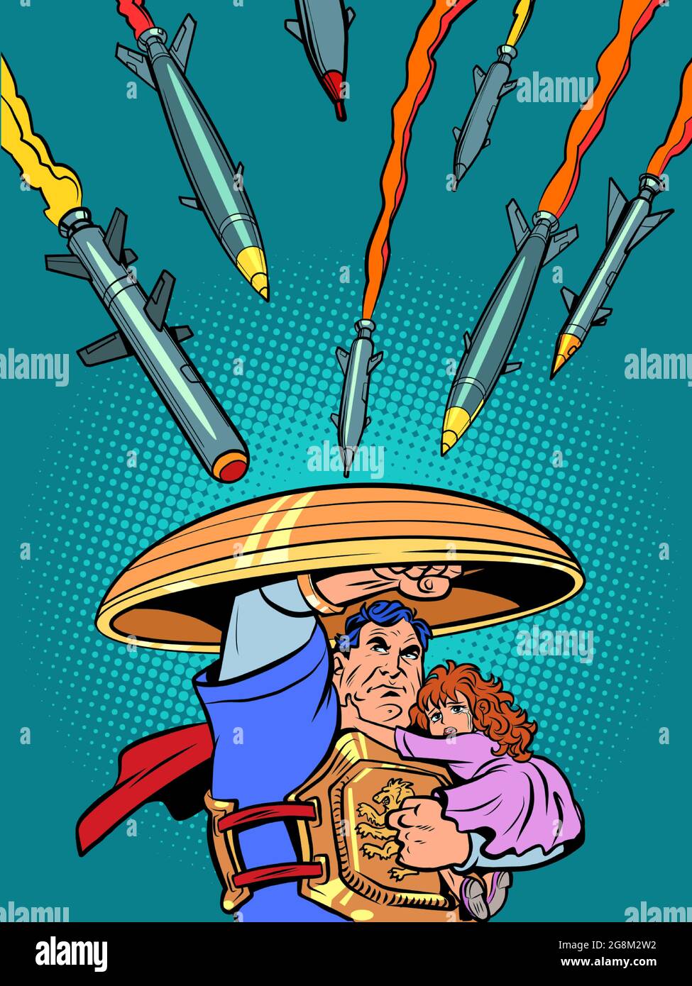 Ein Superheld rettet Kinder. Das Raketenabwehrschild Israels und anderer Länder. Schutz der Zivilbevölkerung vor Terroristen Stock Vektor