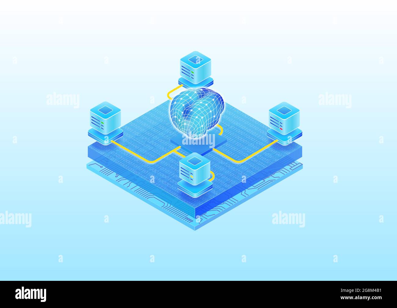 Konzept der Software für künstliche Intelligenz, die ein modernes Rechenzentrum unterstützt. Isometrische 3D-Vektordarstellung einer Serverfarm und eines digitalen Gehirns. Stock Vektor