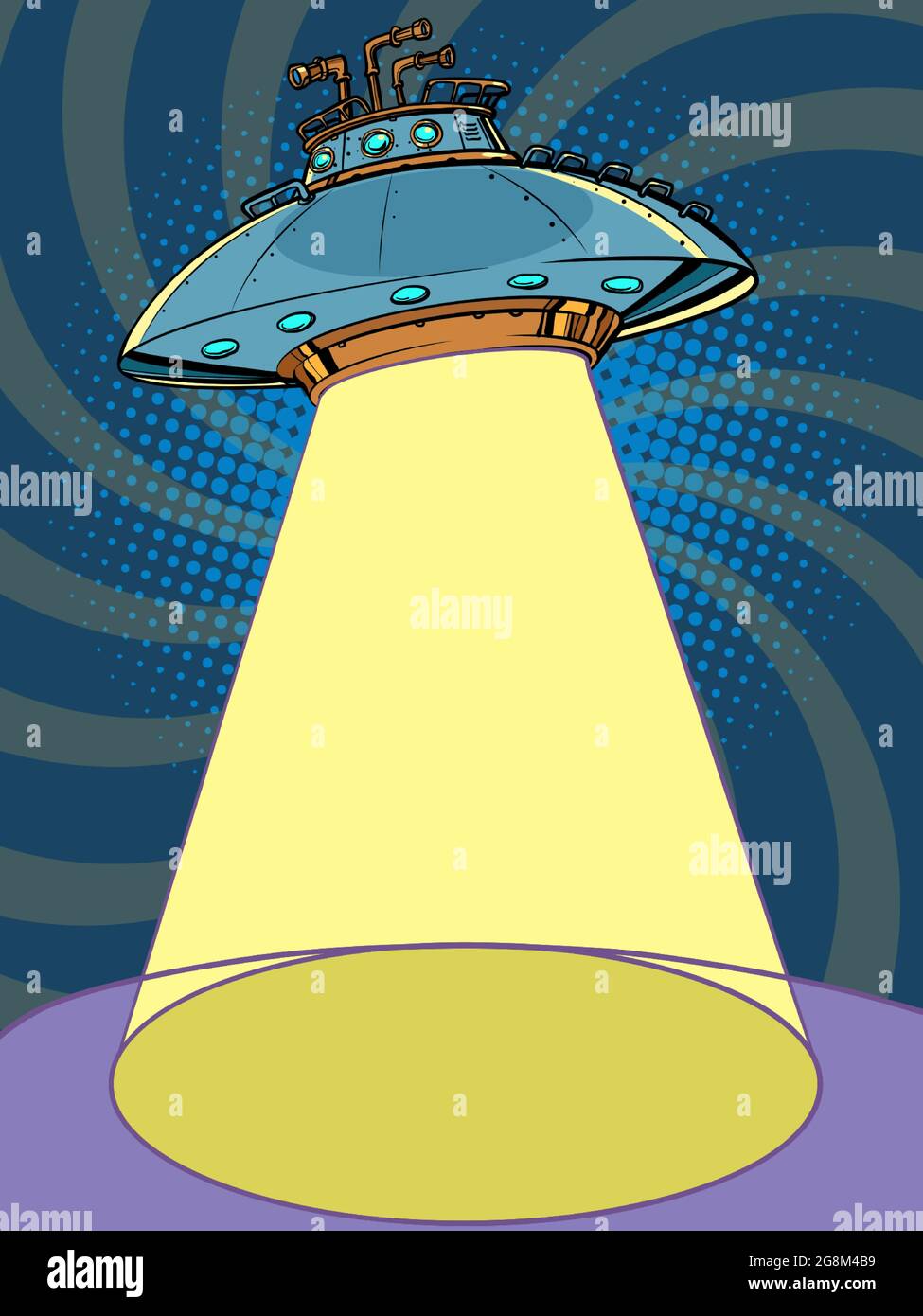 UFO fliegende Untertasse mit einem leuchtenden Suchscheinwerfer Strahl Stock Vektor