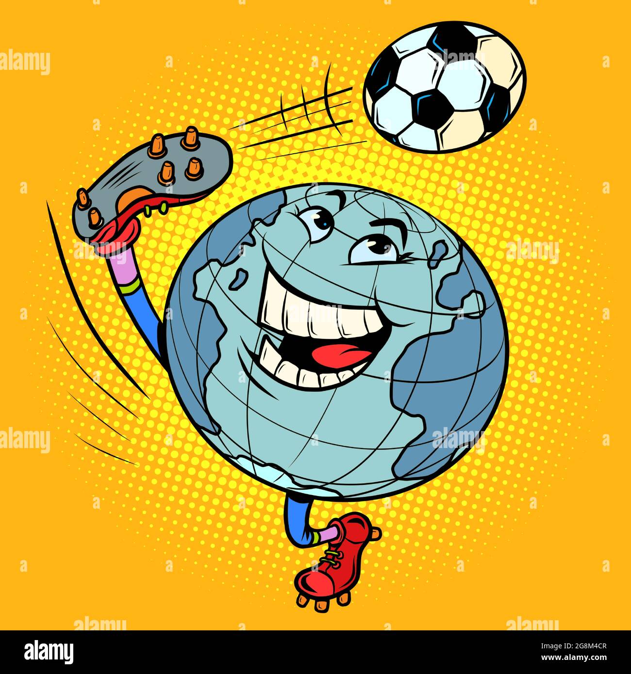 Planet Earth ist ein Charakter wie ein Fußballspieler, der mit einem Ball spielt. Internationale Meisterschaft Stock Vektor