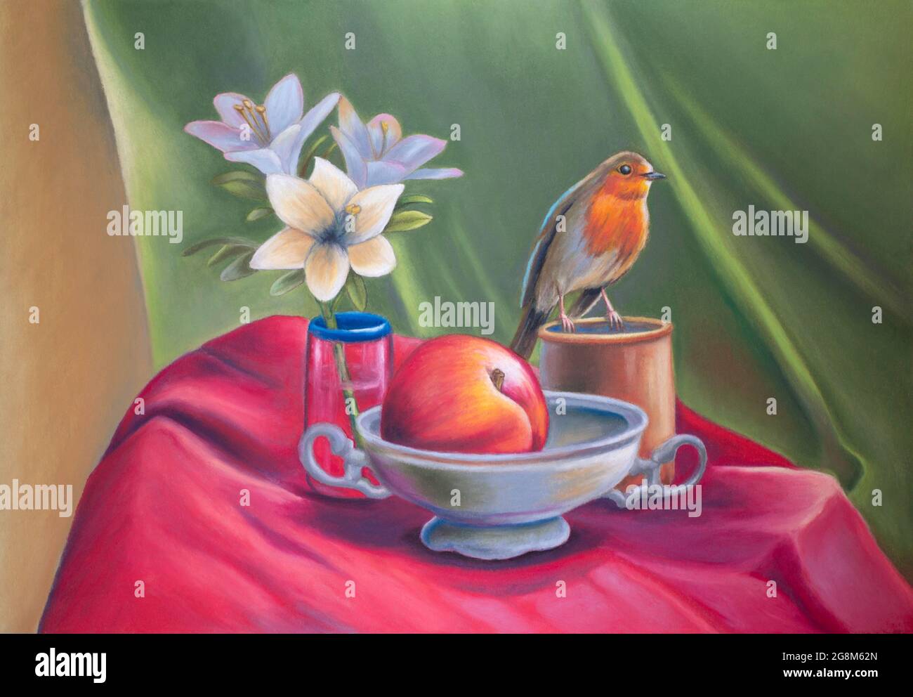 Stillleben mit Blumen, Pfirsich und einem europäischen Rotkehlchen. Original Ölpastell auf Papier. Stockfoto
