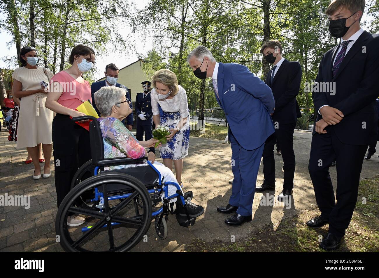 Königin Mathilde von Belgien, König Philippe - Filip von Belgien und Prinz Emmanuel während eines Besuchs der königlichen Familie anlässlich des Bel Stockfoto