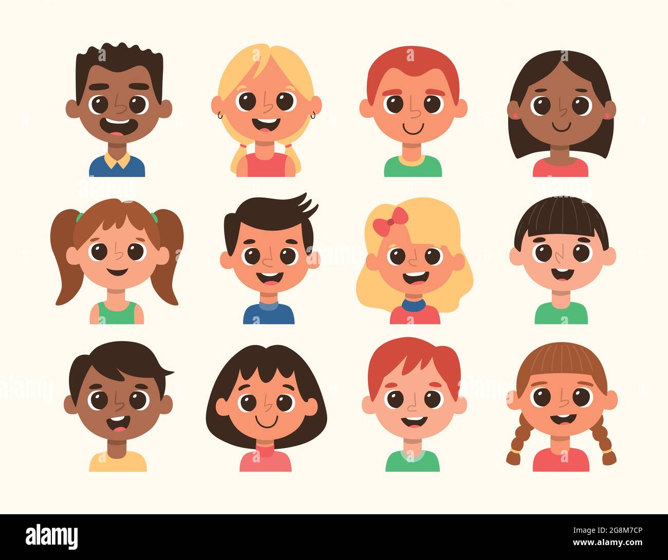 Cartoon Kinder Avatar Set. Unterschiedliche Frisur und Hautfarbe. Set 2 von 4. Stock Vektor