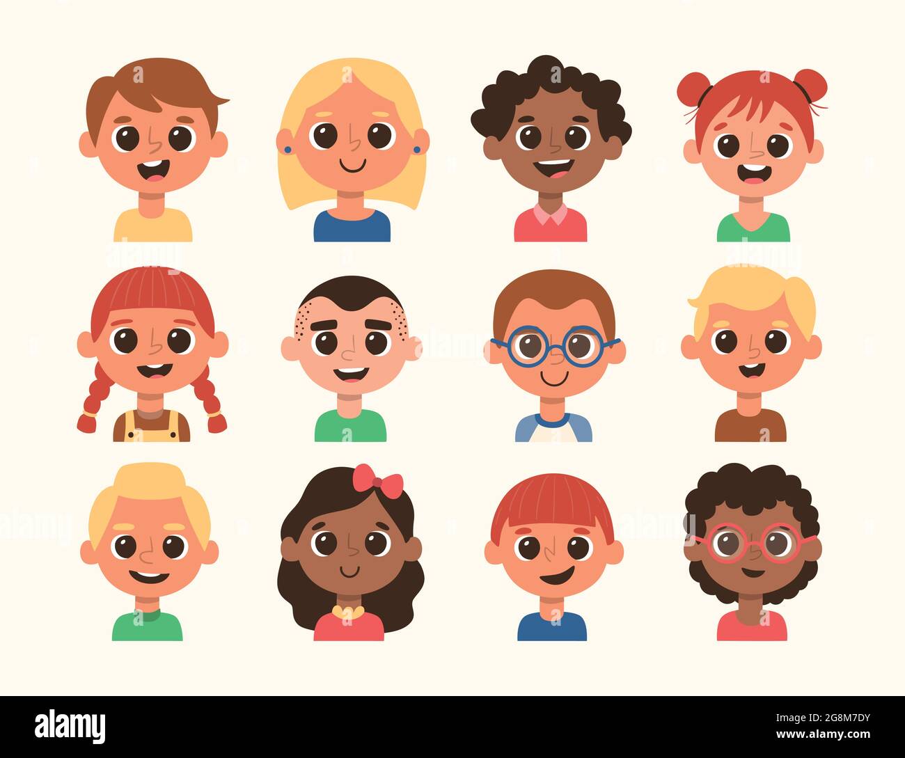 Niedliche Kinder Avatar Set. Unterschiedliche Frisur und Hautfarbe. Cartoon-Illustration. Satz 1 von 4. Stock Vektor