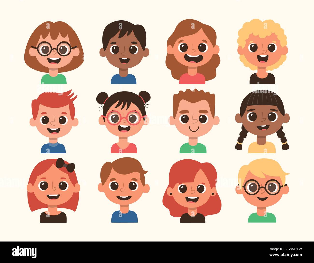 Kinder-Avatar im Cartoon-Stil. Unterschiedliche Frisur und Hautfarbe. Vektorgrafik. Set 4 von 4. Stock Vektor