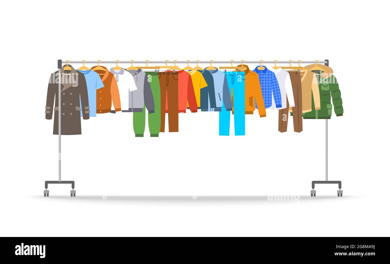 Männer Kleidung auf lange Rollaufhänger Rack. Viele verschiedene männliche Kleidungsstücke, die auf dem Kleiderbügel des Ladens hängen, stehen mit Rädern. Flache Cartoon-Vektor-Illustration. Gra Stock Vektor