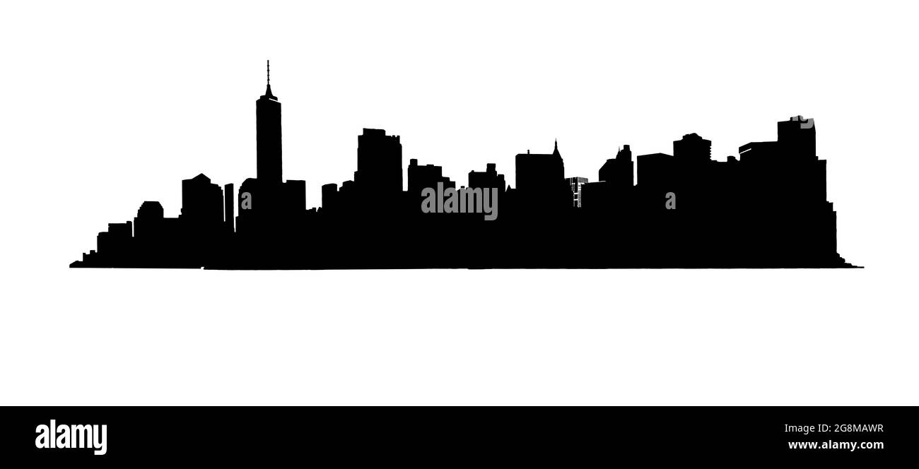 Silhouette des Skyline-Panoramas des Finanzviertels in der Innenstadt und des Lower Manhattan in New York City, USA. Isoliert im Hintergrund Stockfoto