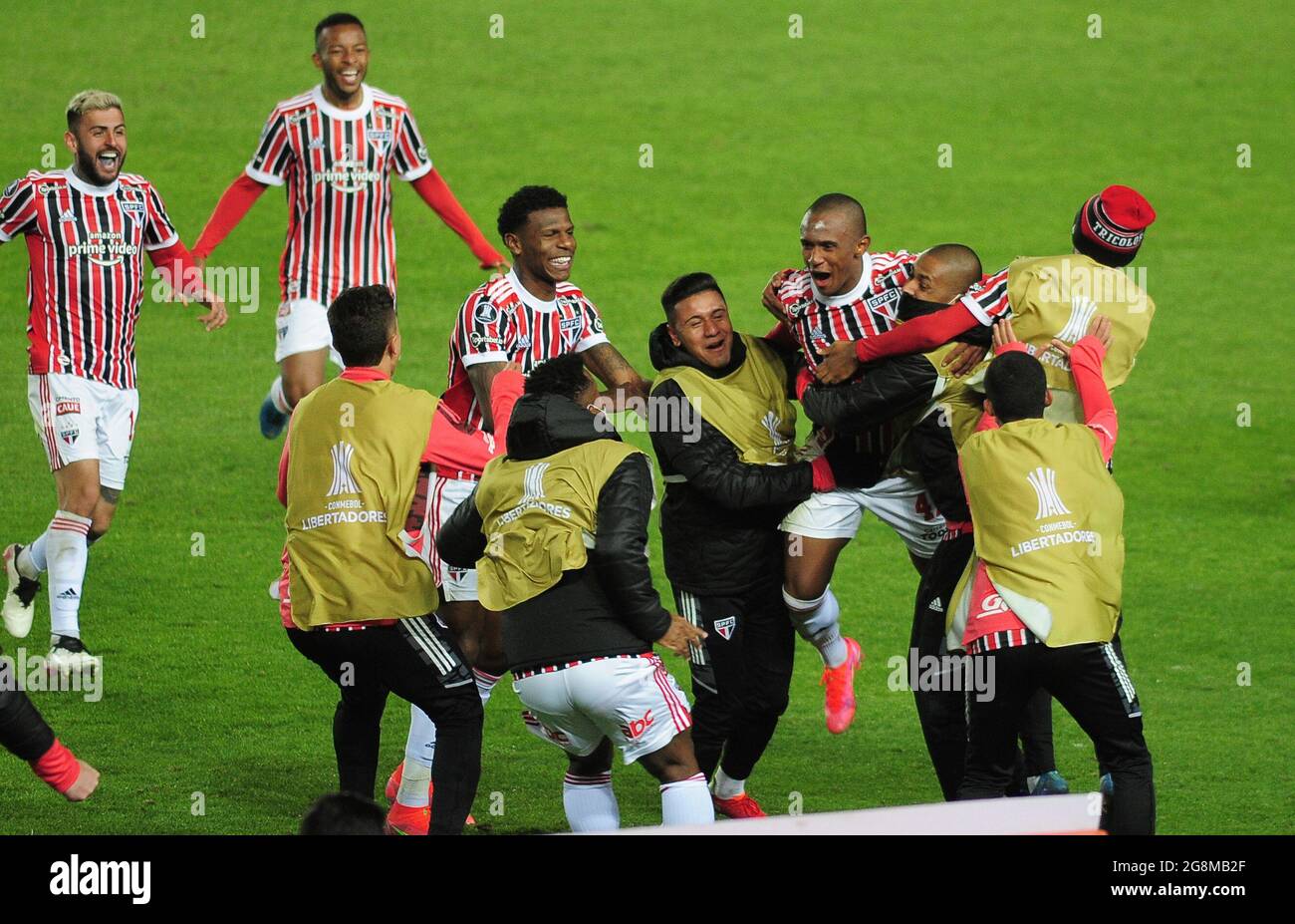 Buenos Aires, Argentinien. Juli 2021. Marquinhos von S&#xe3;o Paulo, feiert sein Tor während des Spiels zwischen Racing und S&#xe3;o Paulo, für die Libertadores 2021 Runde von 16, bei Estádio Presidente Perón Credit: Action Plus Sports/Alamy Live News Stockfoto