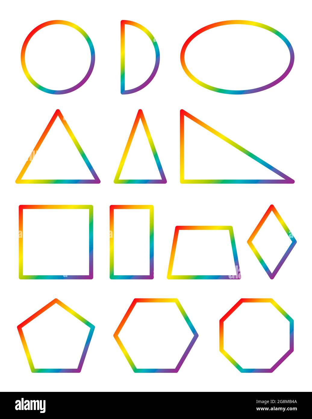 Geometrische Formen. Regenbogenfarbiger Kreis, Halbkreis, Ellipse, gleichseitig, gleichschenklig und rechtes Dreieck, Quadrat, Rechteck, Trapez, Raute. Stockfoto
