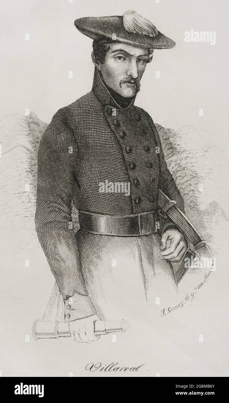 Bruno de Villarreal (1799-1861). Offizier der Carlistenarmee während des Ersten Carlistenkrieges (1833-1840). Er erreichte den Rang eines Marschalls der Karlistenarmee des Nordens. Hochformat. Stich von José Gómez. Panorama Español, Crónica Contemporánea. Madrid, 1842. Stockfoto