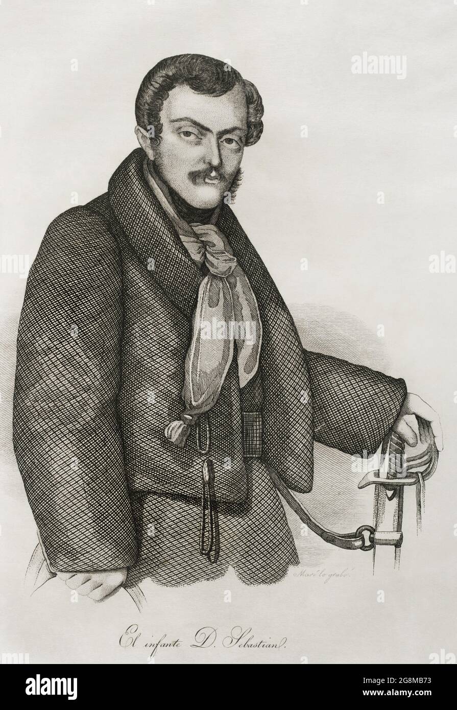 Sebastian Gabriel von Bourbon und Braganza (1811-1875). Infante von Spanien und Portugal. Carlist-Armeekommandeur im Fist-Carlist-Krieg. Hochformat. Stich von Pedro Celestino Maré. Panorama Español, Crónica Contemporánea. Madrid, 1842. Stockfoto