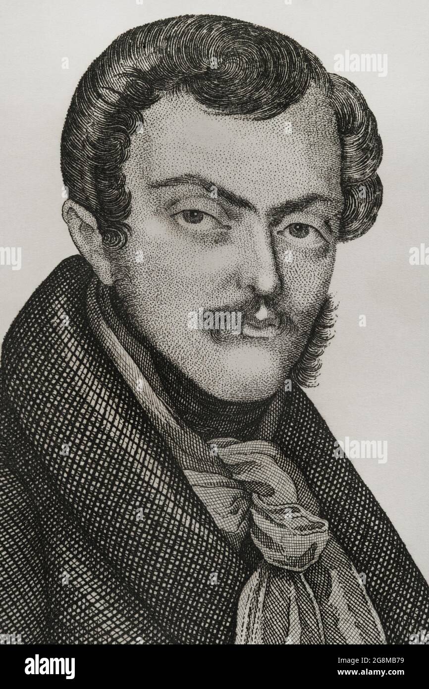 Sebastian Gabriel von Bourbon und Braganza (1811-1875). Infante von Spanien und Portugal. Carlist-Armeekommandeur im Fist-Carlist-Krieg. Hochformat. Stich von Pedro Celestino Maré. Details. Panorama Español, Crónica Contemporánea. Madrid, 1842. Stockfoto