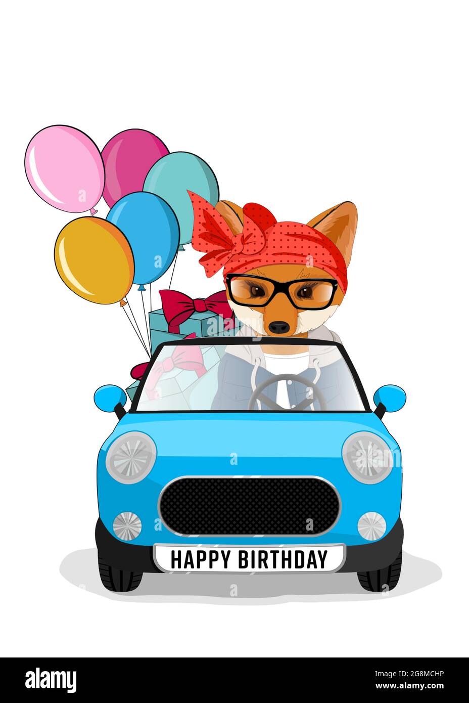 Cute Fox im Auto mit Geschenken und Ballons. Geeignet für Poster, Drucke und Karten. Stock Vektor