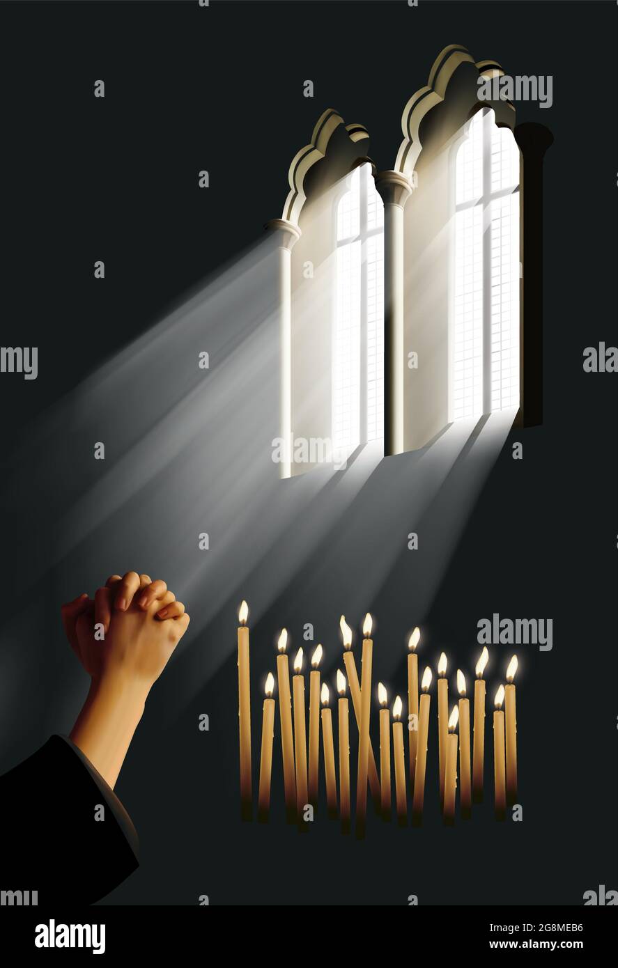 Realistische Vektordarstellung von Händen, die im Gebet umklammt sind, mit brennenden Kerzen unter dem Licht, das durch Kirchenfenster strömt Stock Vektor