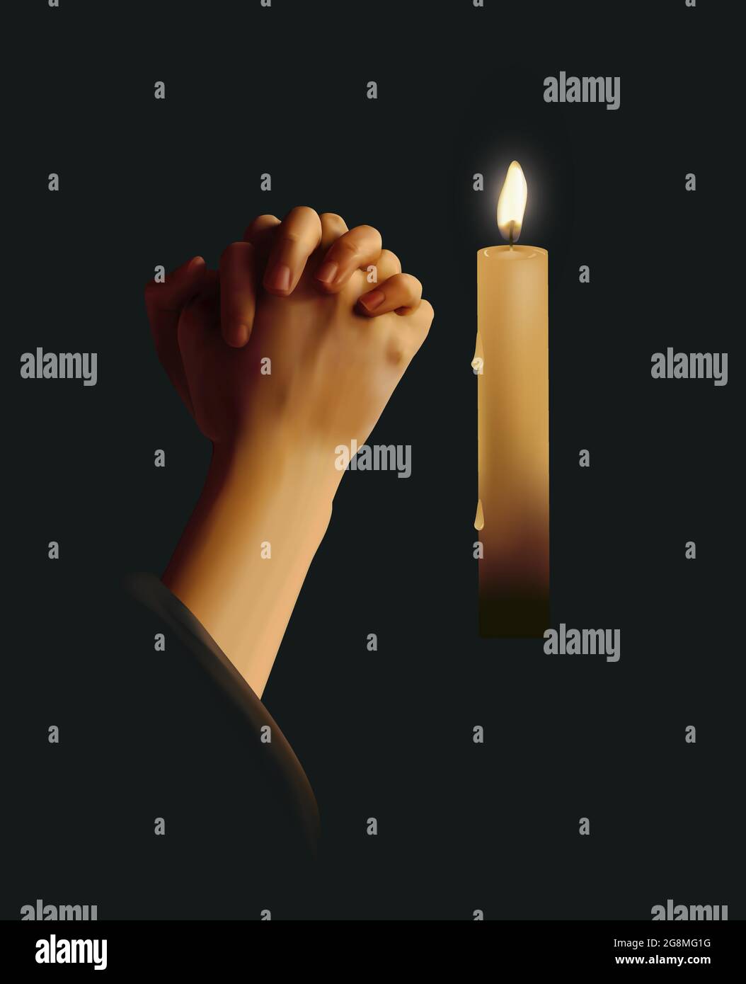 Realistische Vektordarstellung von gebetteten Händen mit angezündeten Kerzen vor dunklem Hintergrund Stock Vektor