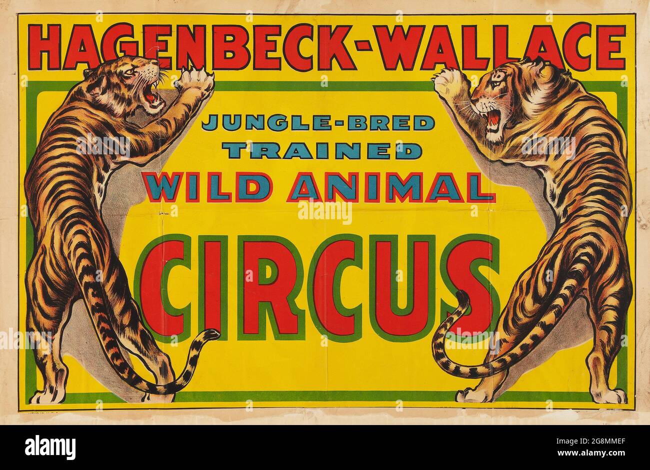 Vintage Circus Poster: Hagenbeck-Wallace 'Jungle-Bred trainierter Wildtierzirkus'. Feat. Zwei wilde Tiger auf jeder Seite. Stockfoto