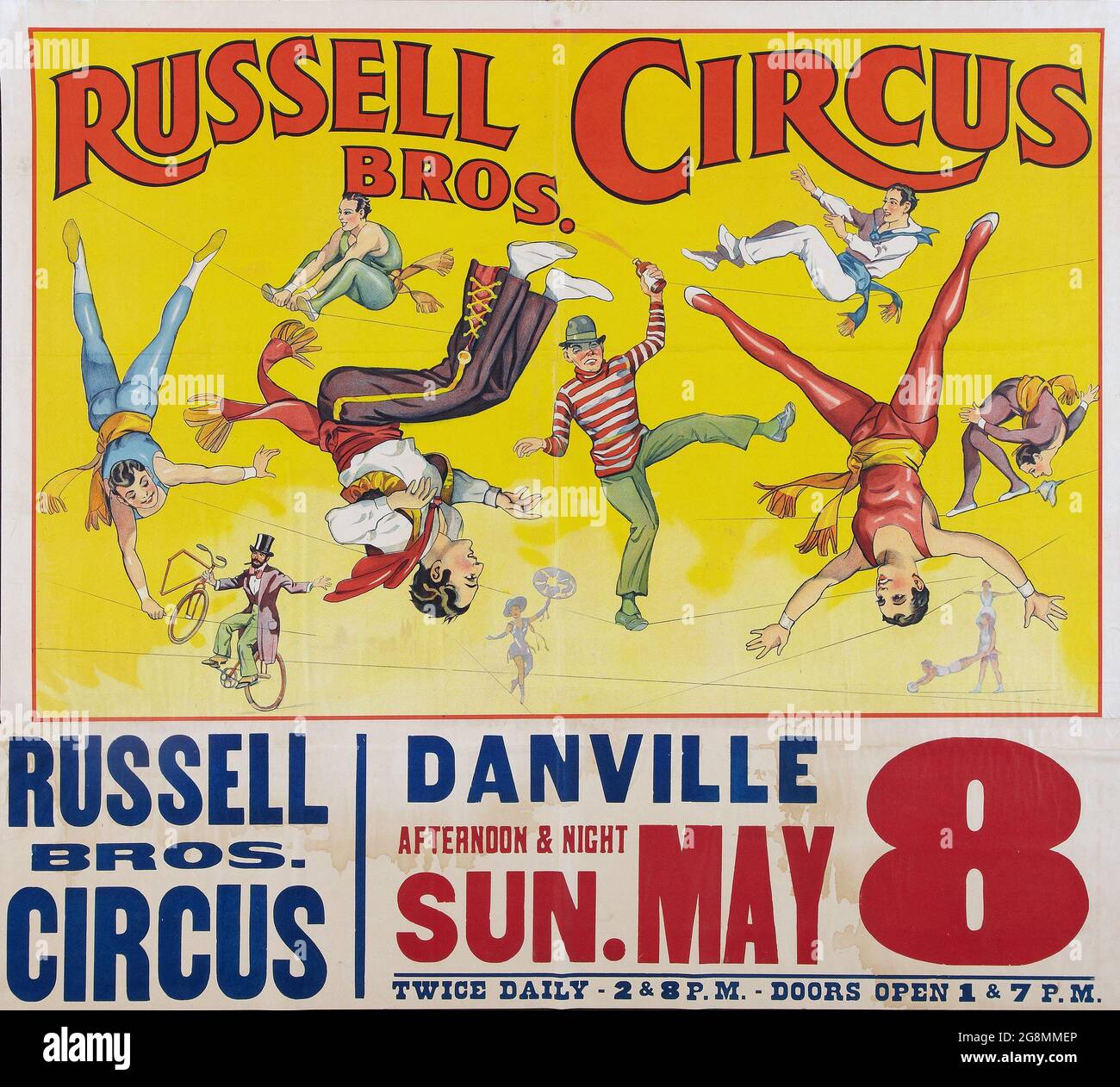 Vintage Circus Poster Russell Bros. Circus in Danville (Russell Brothers, 1938). Mit einer Gruppe von Akrobaten. Stockfoto