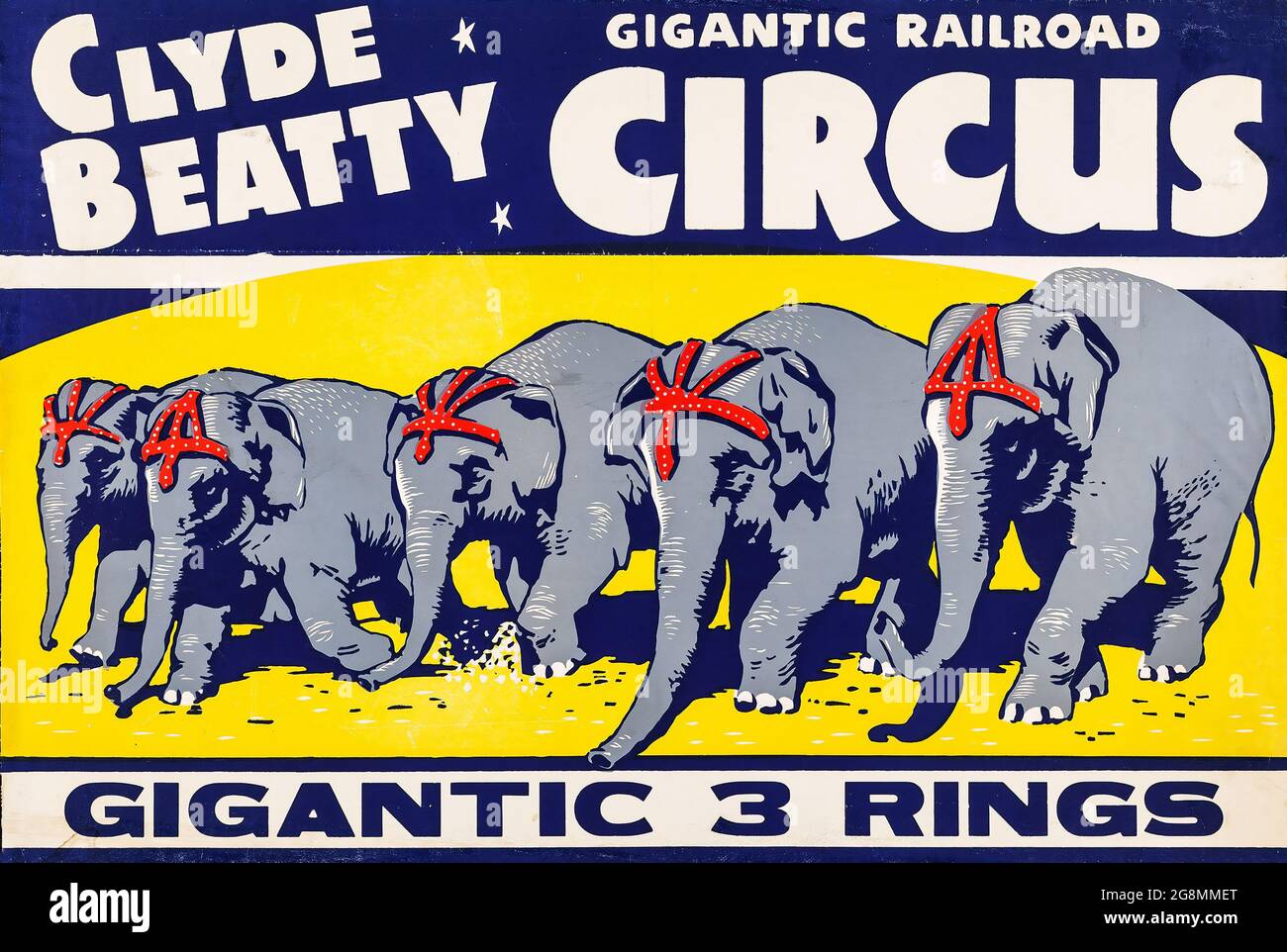 Vintage Circus Poster feat. 5 Zirkuselefanten: Clyde Beatty Circus (ca. 5000). „Gigantic Railroad Circus. Gigantischer 3 Ringe. Stockfoto