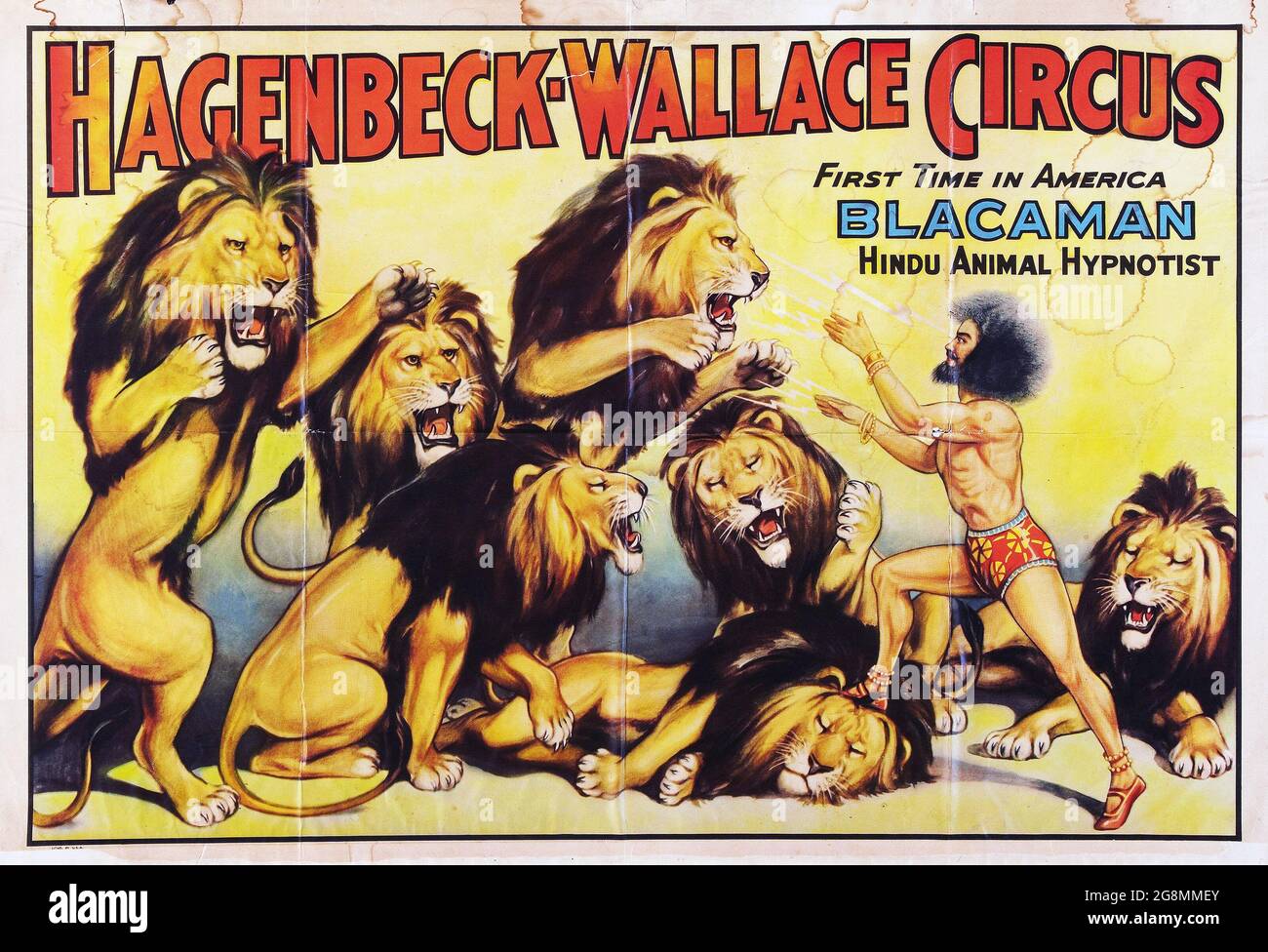 Vintage Circus Poster: Hagenbeck-Wallace Circus. „zum ersten Mal in Amerika: Blacaman. Hindu-Tier-Hypnotiseur.“ Feat. Eine Gruppe hypnotisierter Löwen. Stockfoto